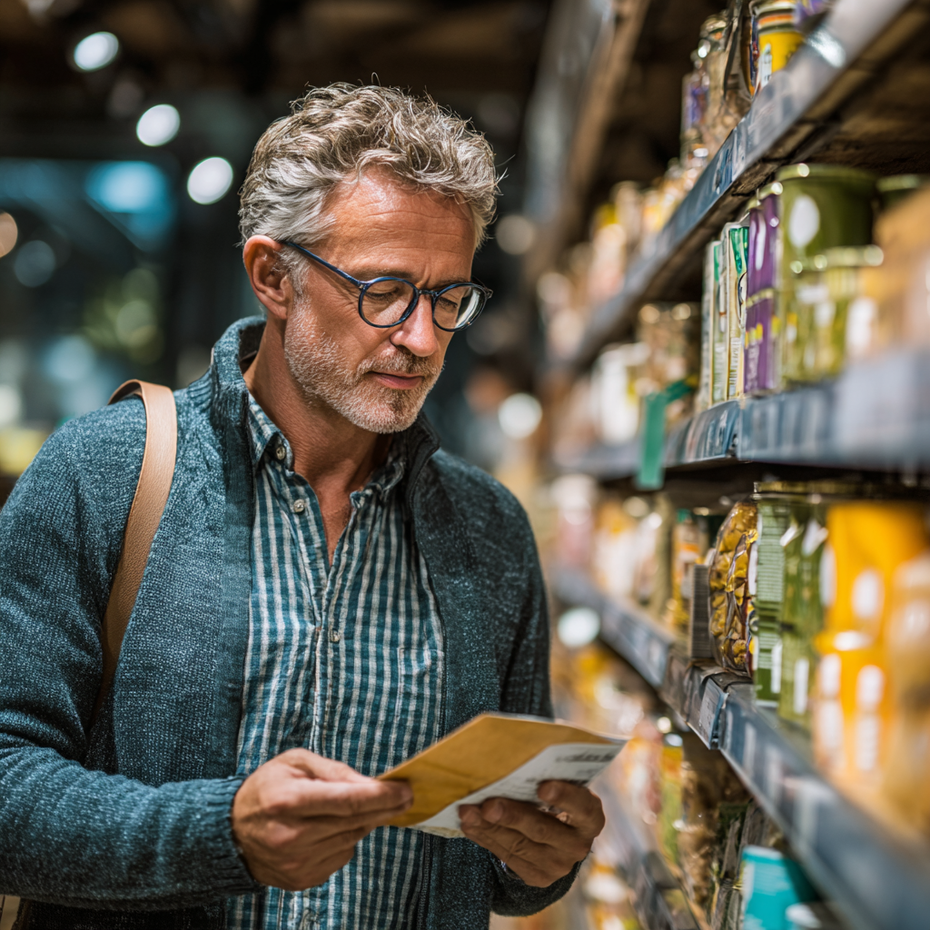 Middle-aged man in his fifties carefully reading nutrition labels while shopping for healthy groceries in a modern supermarket, demonstrating mindful food selection and meal planning practices
