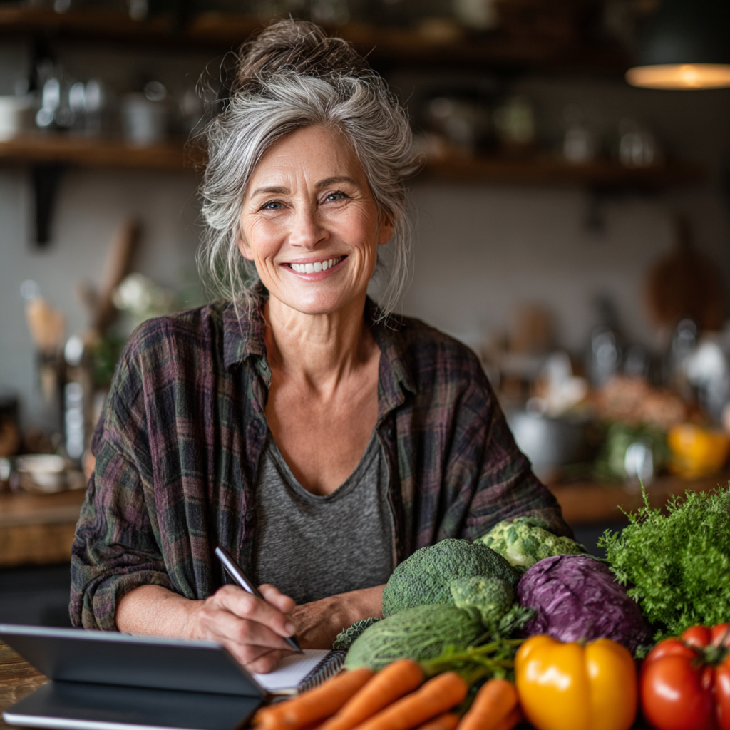 Professional mature woman in her forties sitting at a kitchen table with fresh vegetables and fruits, smiling while planning her healthy meals with a tablet and notebook, representing personalized nutrition planning for adults